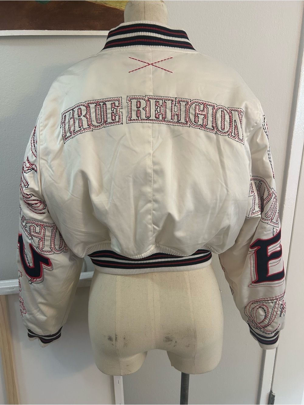 True Religion Cream Cropped Bomber Jacket with Red & Navy Trim